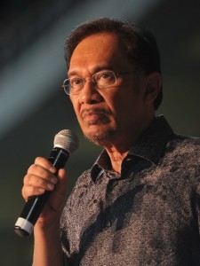 Malaysian opposition leader Anwar Ibrahim speaks during a rally dressed in mourning black gathered to denounce elections which they claim were stolen through fraud by the coalition that has ruled for 56 years. in Penang May 11 2013. Pix Firdaus Latif