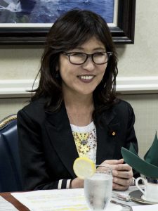 160823-N-DE001-029 YOKOSUKA, Japan (Aug. 23, 2016) Japanese Minister of Defense, Tomomi Inada, (right) and Adm. Tomohisa Takei Maritime Staff Office chief of staff (left), receive a brief about the mission of forward-deployed naval forces during a tour of the U.S. Navy’s only forward-deployed aircraft carrier, USS Ronald Reagan (CVN 76). Ronald Reagan is forward deployed to Japan in support of security and stability in the Indo-Asia-Pacific. (U.S. Navy photo by Mass Communication Specialist 2nd Class Adrienne Powers/ Released)